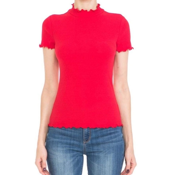 White short sleeve mock neck solid lettuce shirt - Picture 4 of 4